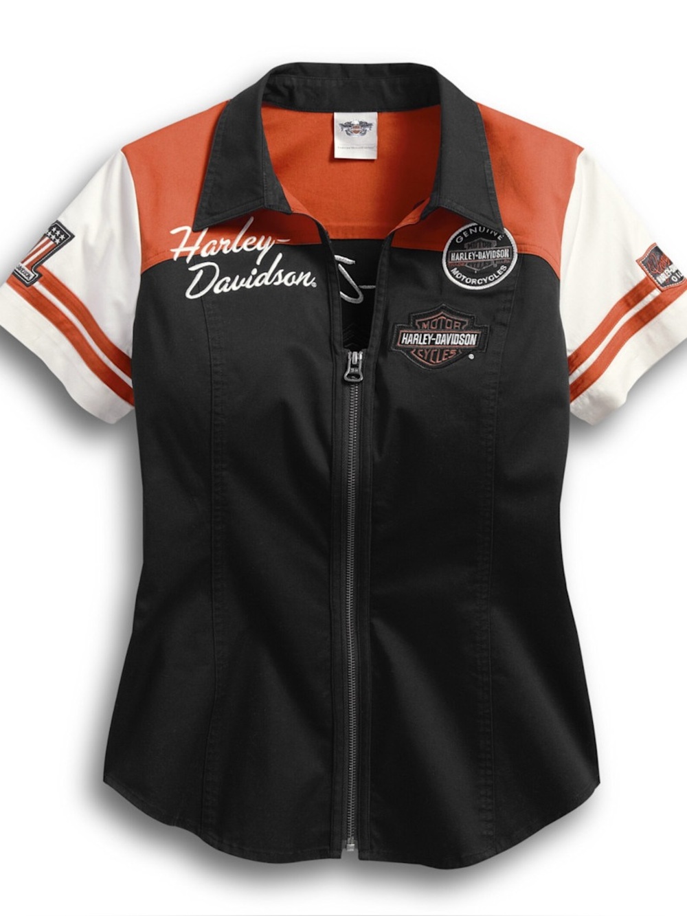 Harley Davidson Zip Short Sleeve Top Women Embroidered Biker Mechanic Garage